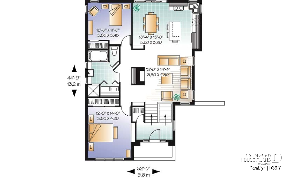 1st level - Affordable 2 bedroom Modern Cubic shaped house plan, split-level contemporary house plan with fireplace  - Tamblyn