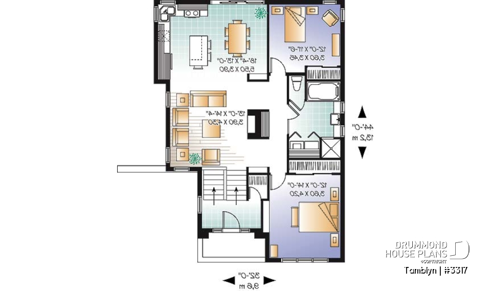 1st level - Affordable 2 bedroom Modern Cubic shaped house plan, split-level contemporary house plan with fireplace  - Tamblyn