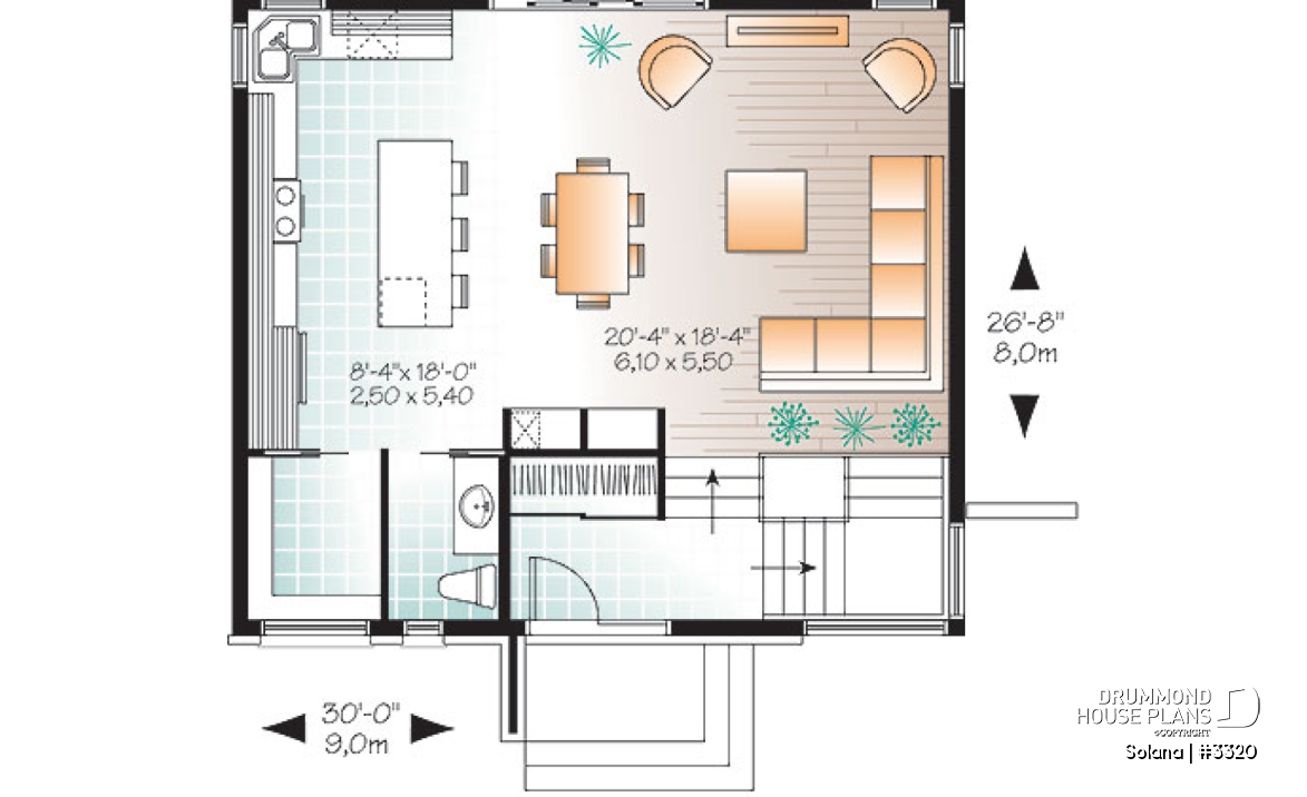 1st level - Small 3 bedroom budget conscious modern house plan, open floor plan, large kitchen with island and pantry - Solana