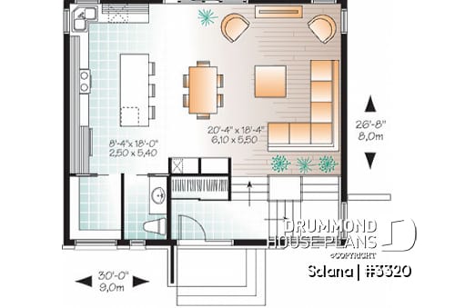 1st level - Small 3 bedroom budget conscious modern house plan, open floor plan, large kitchen with island and pantry - Solana