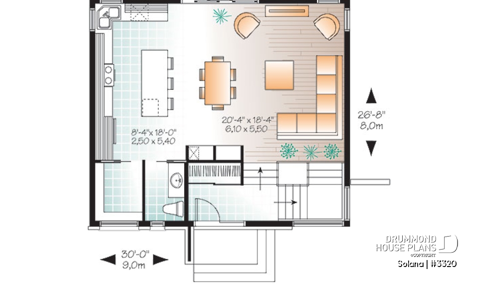 1st level - Small 3 bedroom budget conscious modern house plan, open floor plan, large kitchen with island and pantry - Solana