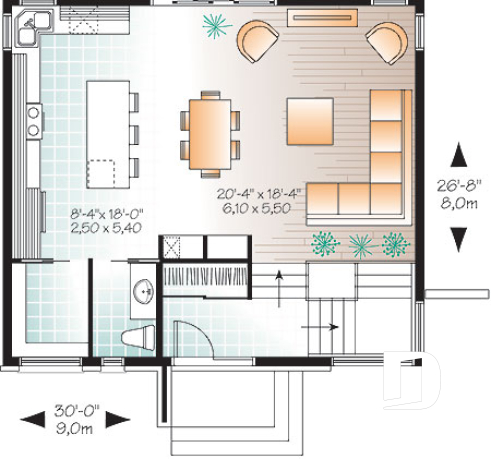 1st level - Small 3 bedroom budget conscious modern house plan, open floor plan, large kitchen with island and pantry - Solana