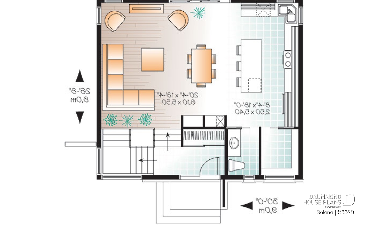 1st level - Small 3 bedroom budget conscious modern house plan, open floor plan, large kitchen with island and pantry - Solana