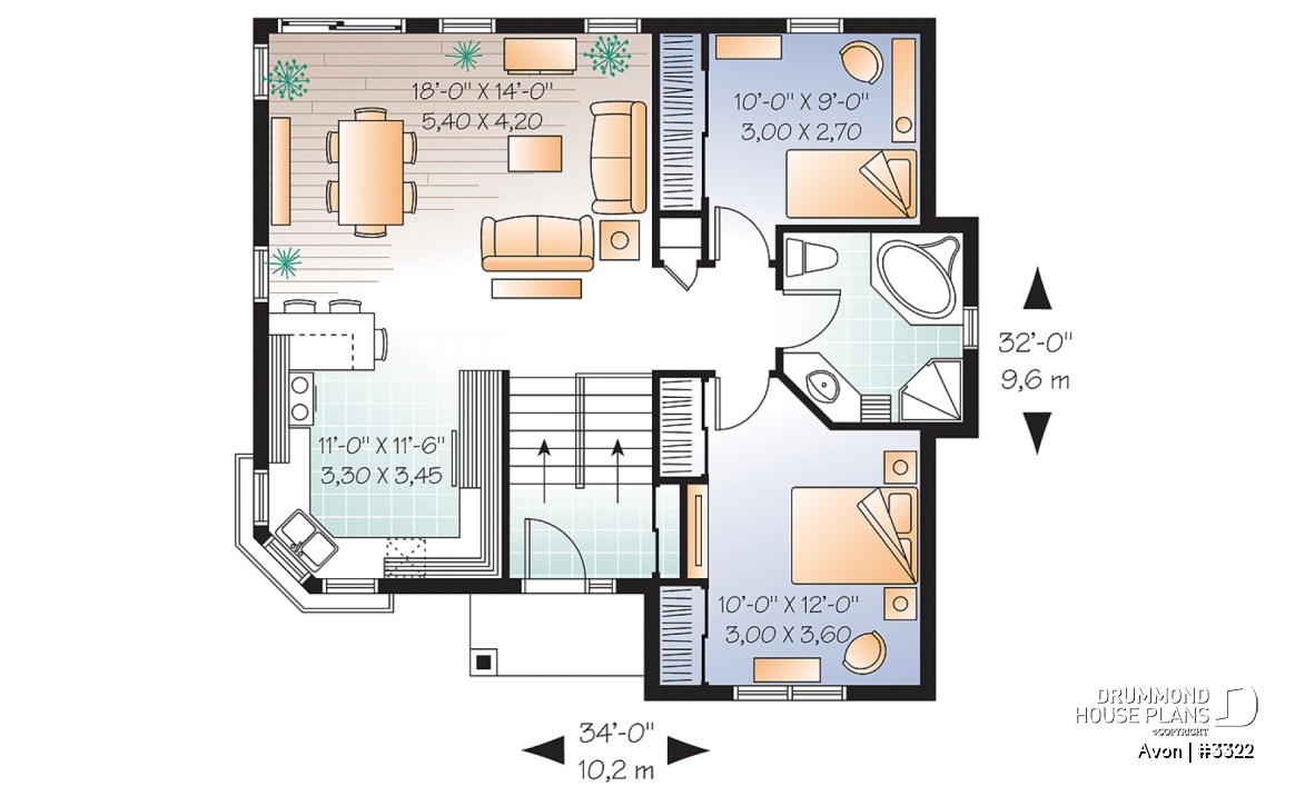 1st level - Economical 2 bedroom split level house plan, American style with large kitchen - Avon