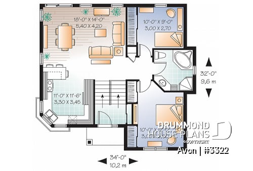 1st level - Economical 2 bedroom split level house plan, American style with large kitchen - Avon