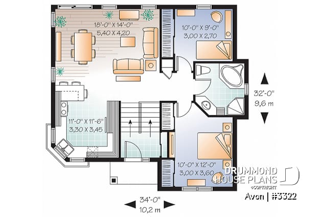 1st level - Economical 2 bedroom split level house plan, American style with large kitchen - Avon