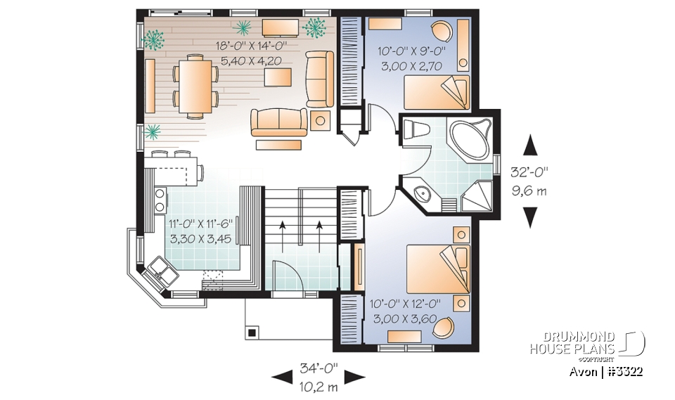 1st level - Economical 2 bedroom split level house plan, American style with large kitchen - Avon