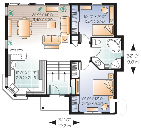 1st level - Economical 2 bedroom split level house plan, American style with large kitchen - Avon