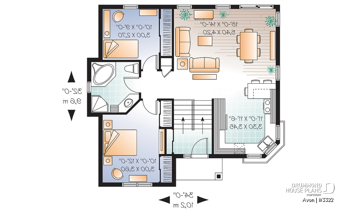 1st level - Economical 2 bedroom split level house plan, American style with large kitchen - Avon