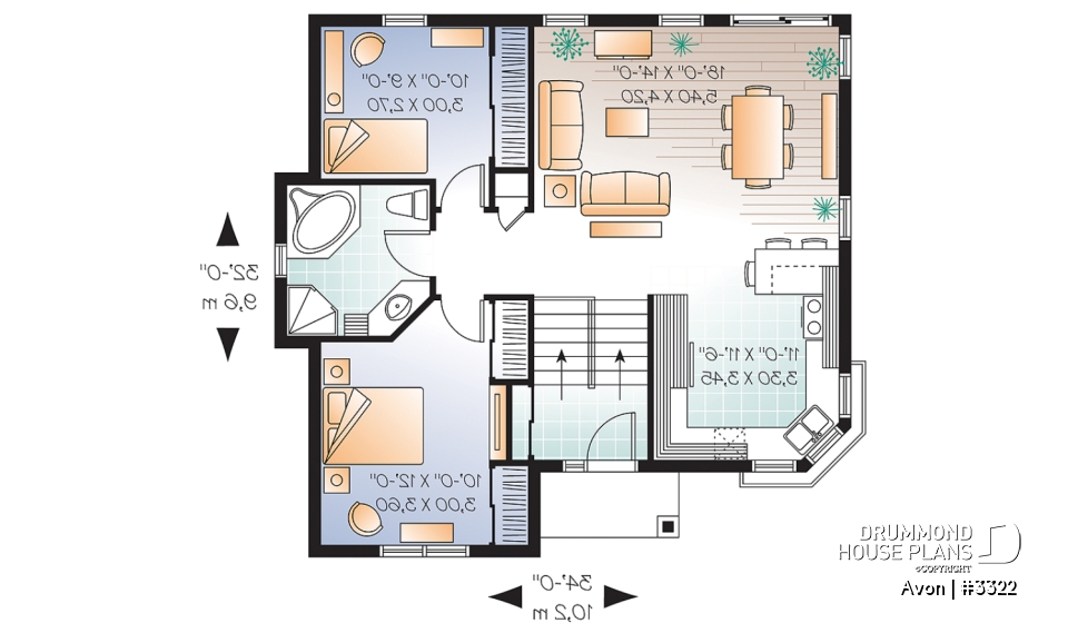 1st level - Economical 2 bedroom split level house plan, American style with large kitchen - Avon