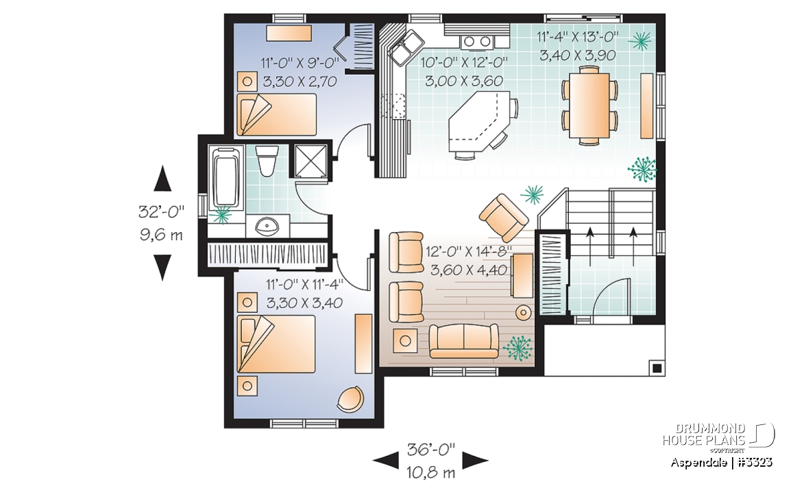 1st level - Economical split level entry floor plan, 2 bedroom bungalow with kitchen island, daylight basement - Aspendale