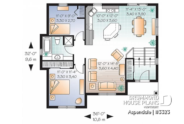 1st level - Economical split level entry floor plan, 2 bedroom bungalow with kitchen island, daylight basement - Aspendale