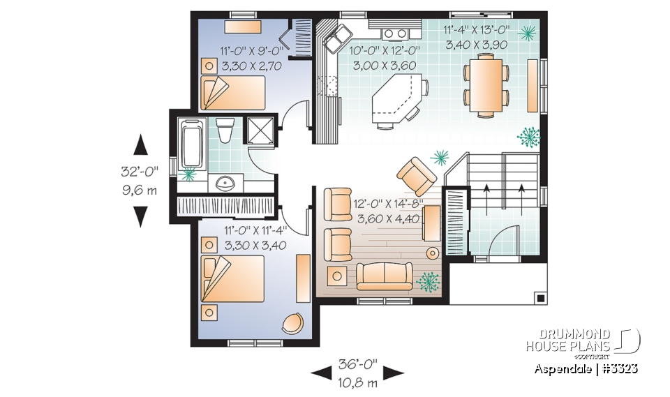 1st level - Economical split level entry floor plan, 2 bedroom bungalow with kitchen island, daylight basement - Aspendale