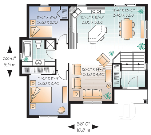 1st level - Economical split level entry floor plan, 2 bedroom bungalow with kitchen island, daylight basement - Aspendale