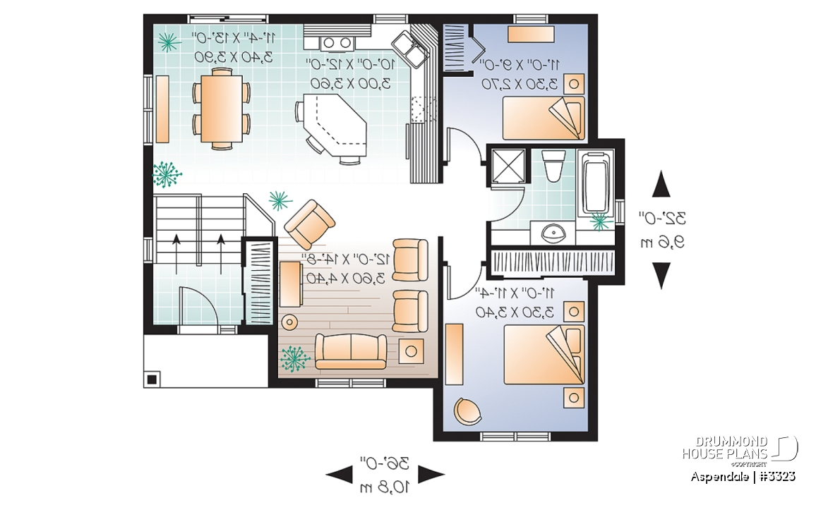 1st level - Economical split level entry floor plan, 2 bedroom bungalow with kitchen island, daylight basement - Aspendale