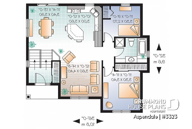 1st level - Economical split level entry floor plan, 2 bedroom bungalow with kitchen island, daylight basement - Aspendale