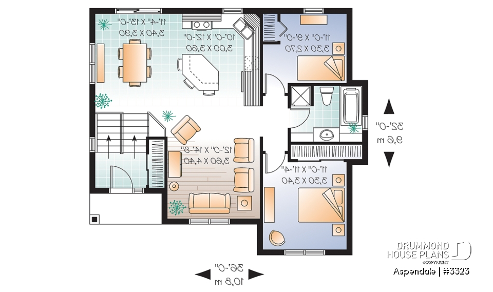 1st level - Economical split level entry floor plan, 2 bedroom bungalow with kitchen island, daylight basement - Aspendale
