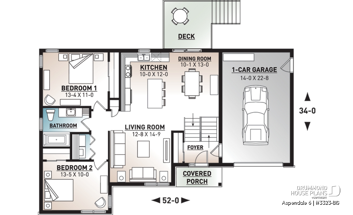 1st level - One-story split entry affordable house plan with attached garage, 2 bedrooms, laundry area - Aspendale 6
