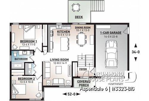1st level - One-story split entry affordable house plan with attached garage, 2 bedrooms, laundry area - Aspendale 6