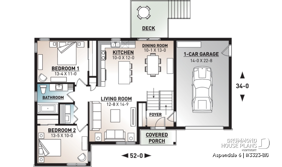1st level - One-story split entry affordable house plan with attached garage, 2 bedrooms, laundry area - Aspendale 6