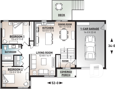 1st level - One-story split entry affordable house plan with attached garage, 2 bedrooms, laundry area - Aspendale 6
