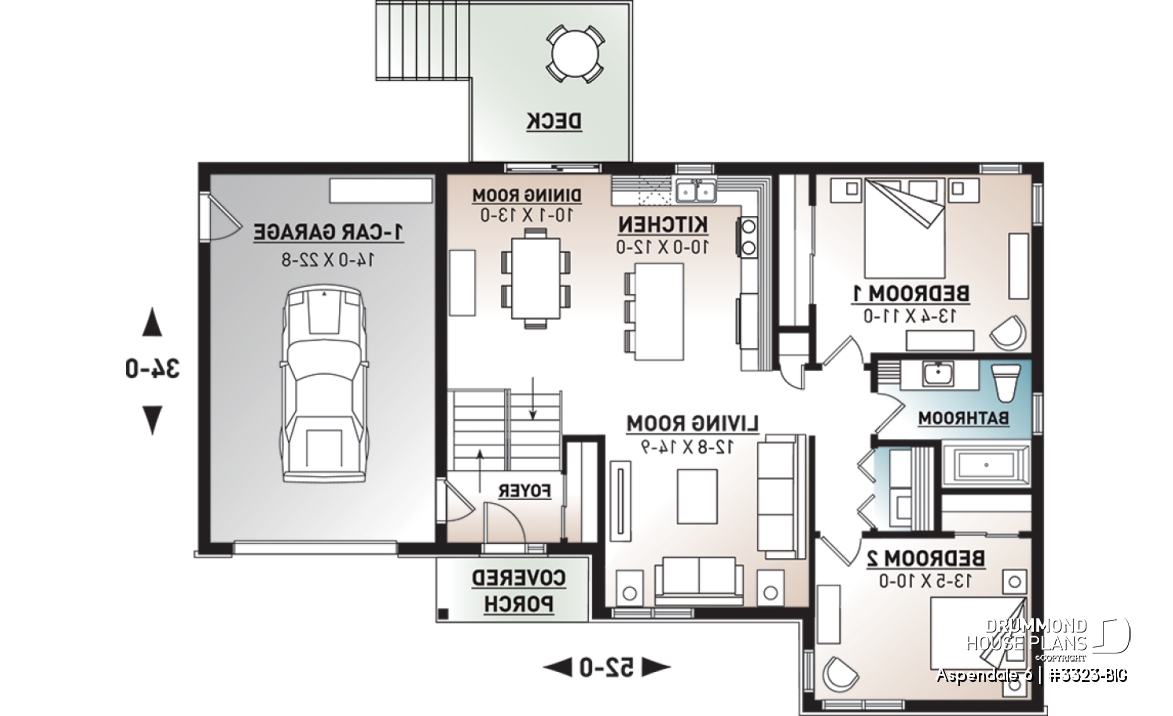 1st level - One-story split entry affordable house plan with attached garage, 2 bedrooms, laundry area - Aspendale 6