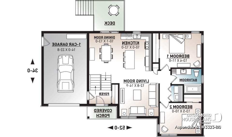 1st level - One-story split entry affordable house plan with attached garage, 2 bedrooms, laundry area - Aspendale 6
