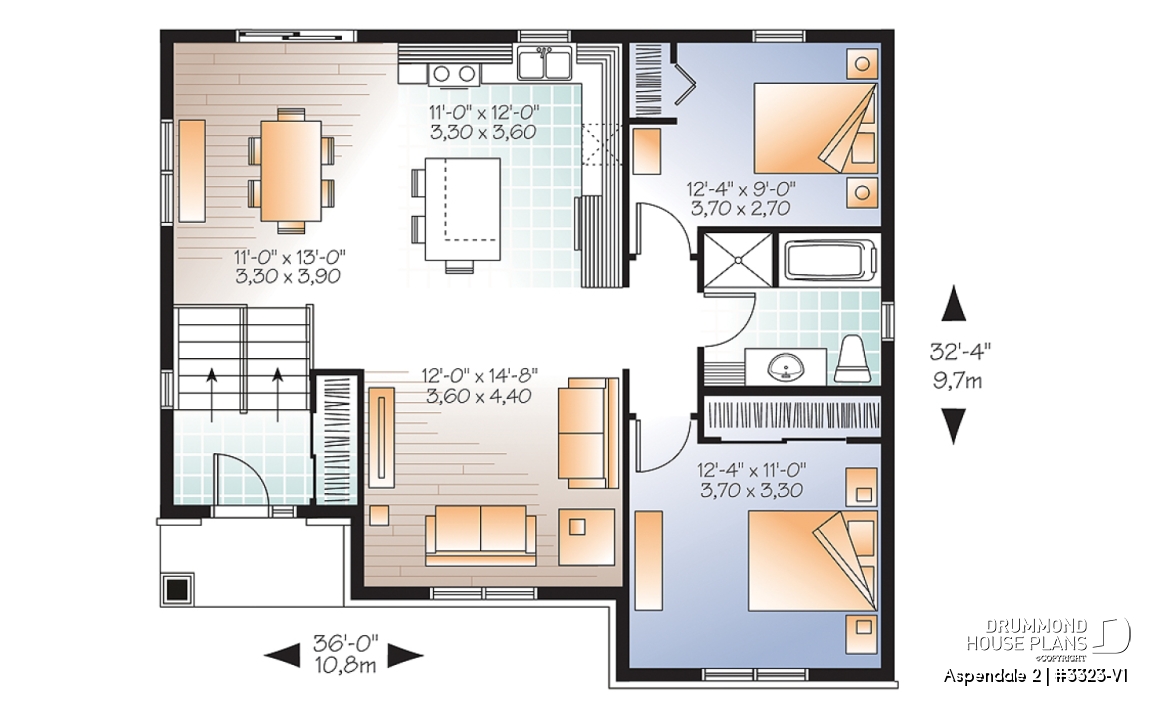 1st level - Low building cost 2 bedroom split level house plan, 12' high ceiling in foyer, open concept, kitchen island - Aspendale 2