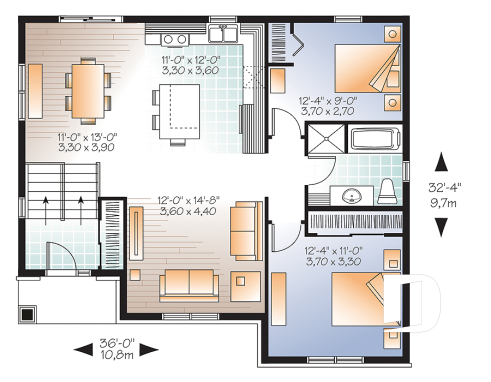 1st level - Low building cost 2 bedroom split level house plan, 12' high ceiling in foyer, open concept, kitchen island - Aspendale 2