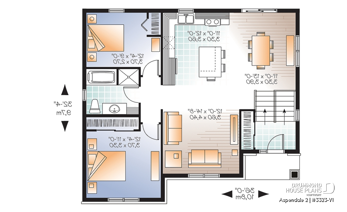 1st level - Low building cost 2 bedroom split level house plan, 12' high ceiling in foyer, open concept, kitchen island - Aspendale 2