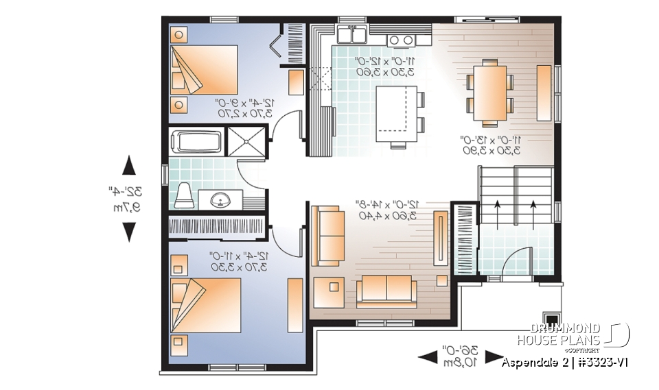 1st level - Low building cost 2 bedroom split level house plan, 12' high ceiling in foyer, open concept, kitchen island - Aspendale 2
