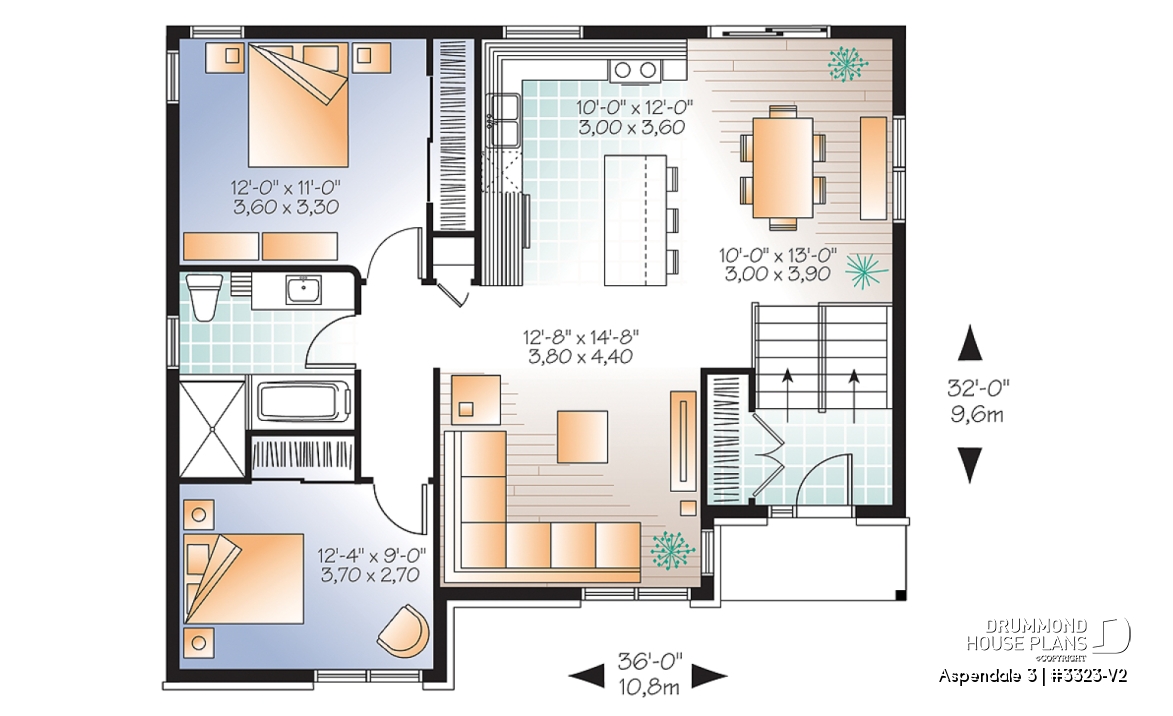 1st level - Affordable Split-entry Modern Bungalow house plan with open floor plan and 2 bedrooms - Aspendale 3