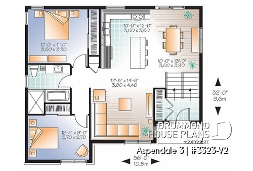 1st level - Affordable Split-entry Modern Bungalow house plan with open floor plan and 2 bedrooms - Aspendale 3