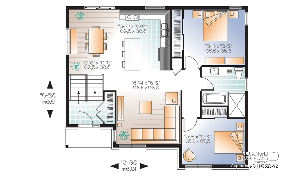 1st level - Affordable Split-entry Modern Bungalow house plan with open floor plan and 2 bedrooms - Aspendale 3