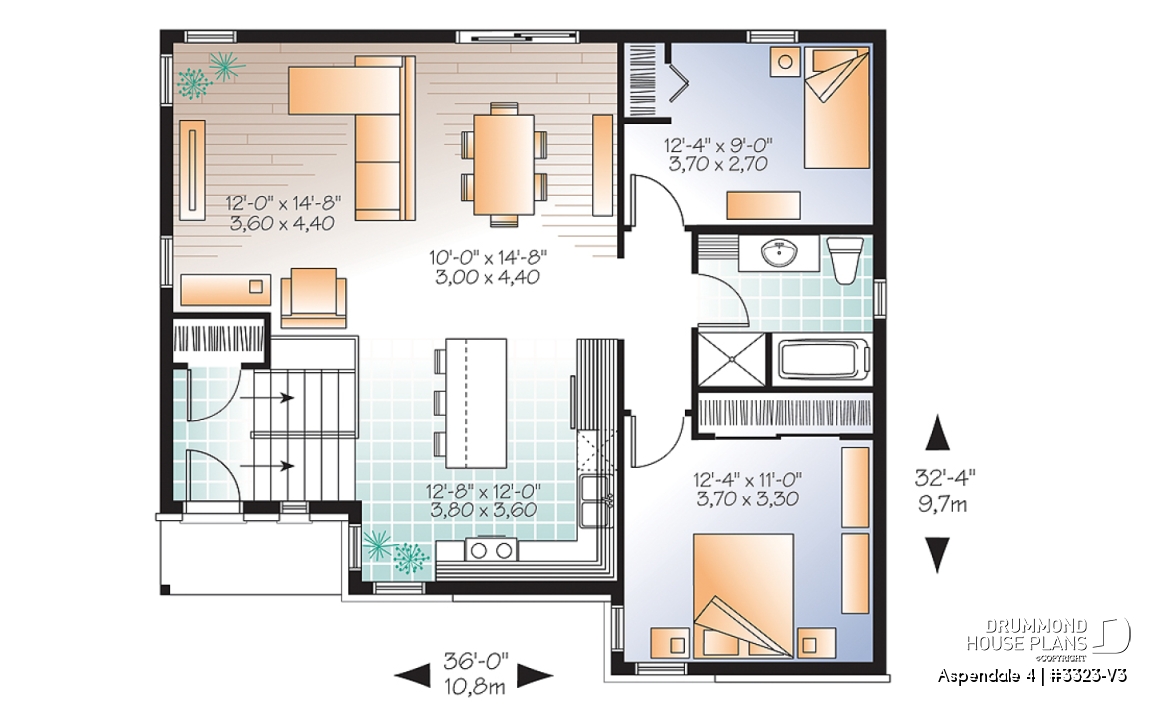 1st level - Modern split-level house plan, large kitchen island, open floor plan concept - Aspendale 4