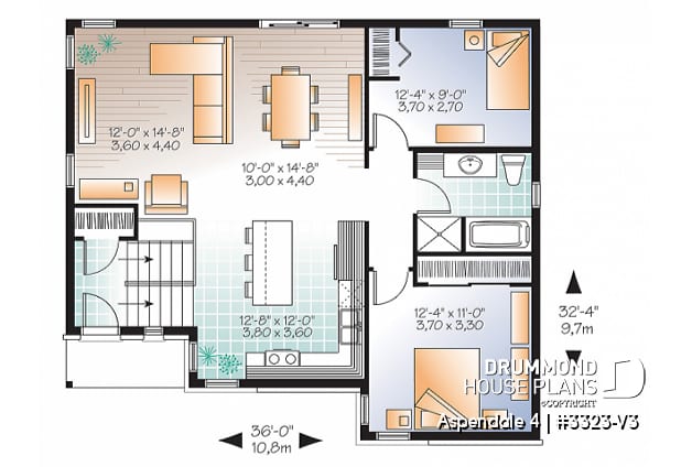 1st level - Modern split-level house plan, large kitchen island, open floor plan concept - Aspendale 4