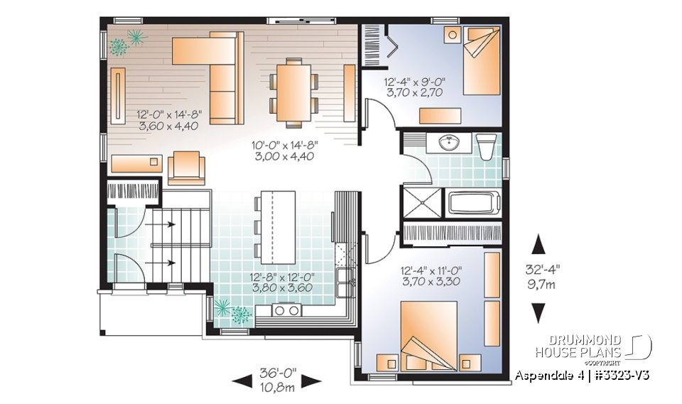 1st level - Modern split-level house plan, large kitchen island, open floor plan concept - Aspendale 4