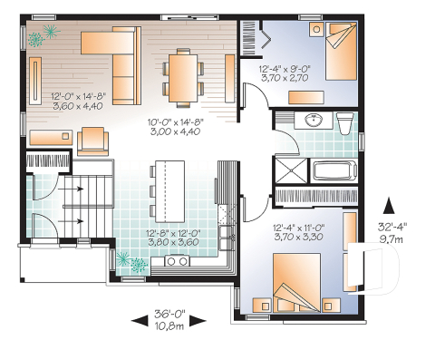 1st level - Modern split-level house plan, large kitchen island, open floor plan concept - Aspendale 4