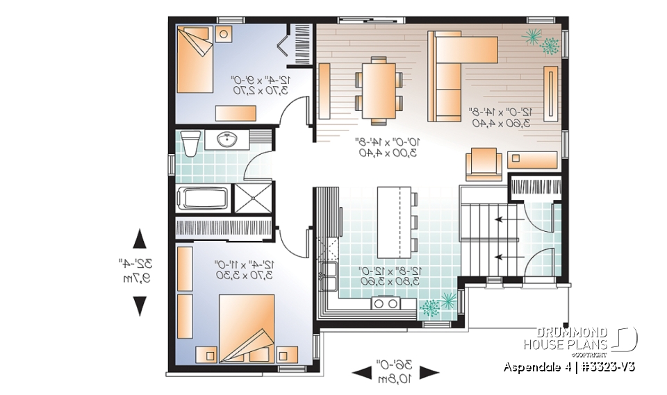 1st level - Modern split-level house plan, large kitchen island, open floor plan concept - Aspendale 4
