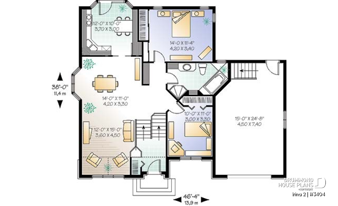 1st level - Spacious 2 bedroom one-storey house plan with garage - Irina 2
