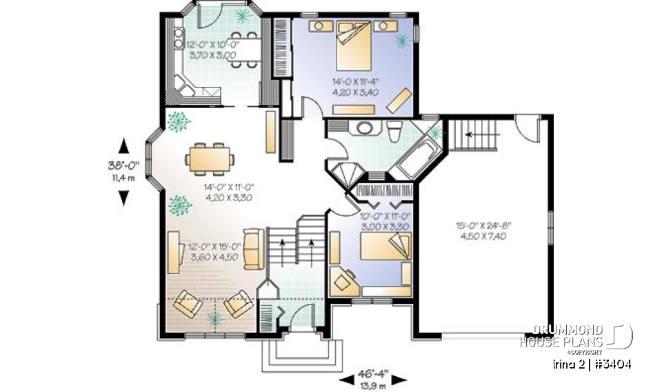 1st level - Spacious 2 bedroom one-storey house plan with garage - Irina 2