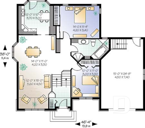 1st level - Spacious 2 bedroom one-storey house plan with garage - Irina 2