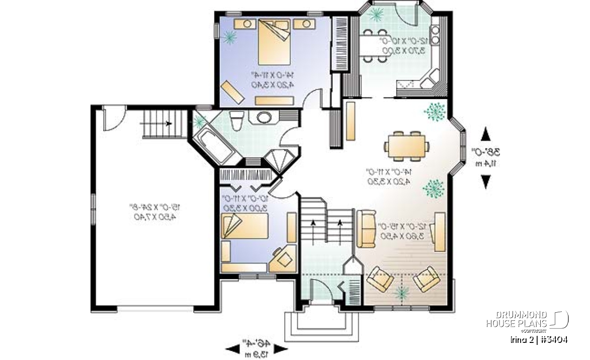 1st level - Spacious 2 bedroom one-storey house plan with garage - Irina 2