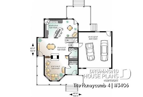 1st level - Open floor plan Victorian home design, large bonus, fireplace, breakfast nook, kitchen island, 2 .5 baths - The Honeycomb 4