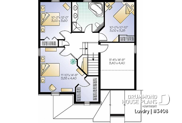 2nd level - 2-storey 3 to 4 bedroom european style house plan, garage, planning desk, laundry on main floor - Landry