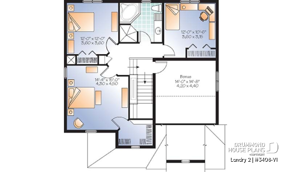 2nd level - Country style 3 bedroom home plan with bonus space for bedroom #4 or home office - Landry 2