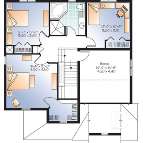 2nd level - Country style 3 bedroom home plan with bonus space for bedroom #4 or home office - Landry 2