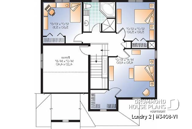 2nd level - Country style 3 bedroom home plan with bonus space for bedroom #4 or home office - Landry 2