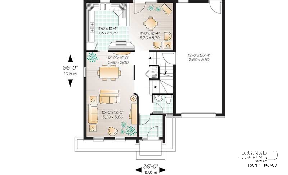 1st level - English style home plan with bonus space, 3 to 4 bedrooms, one-car garage - Tourrin
