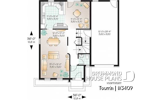 1st level - English style home plan with bonus space, 3 to 4 bedrooms, one-car garage - Tourrin